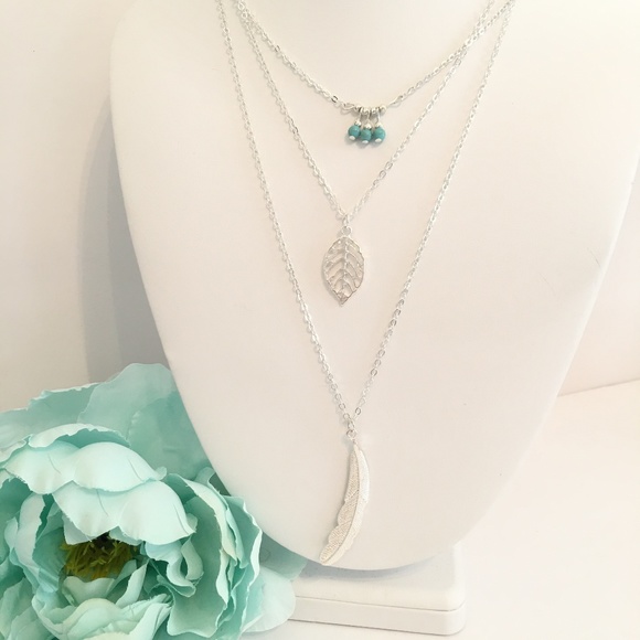 Boho Turquoise Leaf Feather Layered Necklace (#2) - Picture 2 of 13